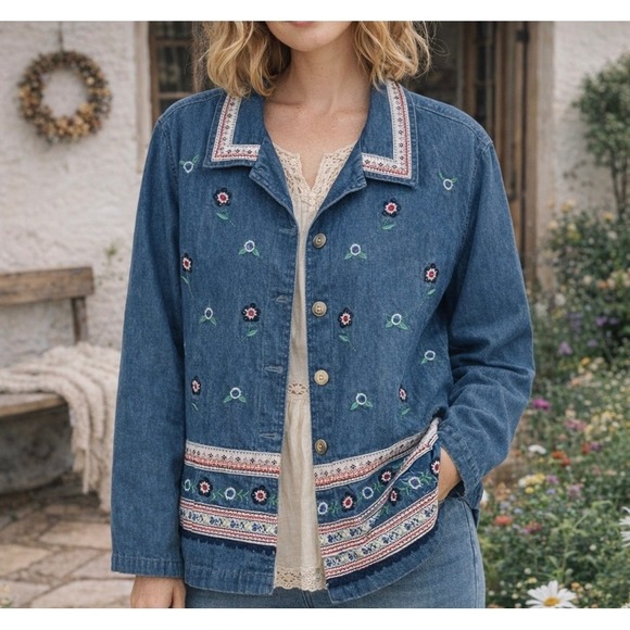 Vintage Jackets & Blazers - Vintage 80s 90s Bobbie Brooks Jean Jacket Embroidered Floral Cottagecore Country